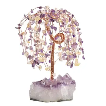 Naravni Kristalno Drevo Denarja MIni Willow Tree Z Grobo Ametist Gruče Navadnih Mineralov Gemstone Obrti Srečo Nordijska Doma Okraski