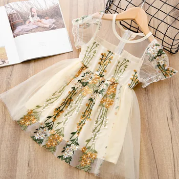 Otroška Oblačila Dekleta Kratek Rokav Obleke 2023 Poletje Novo Čipke Vezeni Cvetlični Princesa Obleko Poročno Družico Obleko