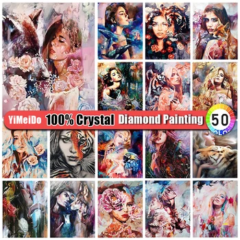 YiMeiDo 100% Kristalno Diamond Barvanje Dekle Tiger Cvet 5d Diy Diamond Vezenje Mozaik Risanka Nosorogovo Slike Umetnostne Obrti