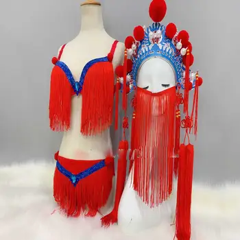 Halloween Rdeče Peking Opera headdress resast, Kitajski slog bikini bar, nočni klub Ds vodi gogo plesalka kostum