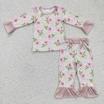 Debelo malčke baby dekle boutique pižamo pink rose leopard ruffle dolgo sleeved pižami