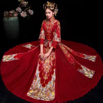 RDEČA Especial Moda Kitajski nevesta poročni obleki obleka Zlati cheongsam vezenje žensko zlato Pomlad Jesen Qipao Plus Velikost