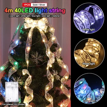 4M 40LED Dvojno Plast Bowknot Pravljice Luči Strune Božič Traku Loki LED Xmas Tree Okraski Novo Leto Doma Stranka DIY Dekor